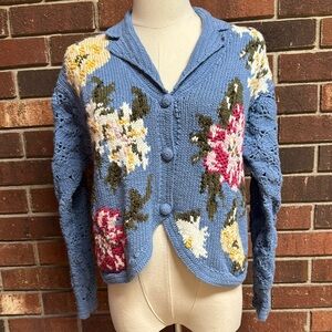 River Art Floral Knit Cropped Cardigan Sweater Size Small